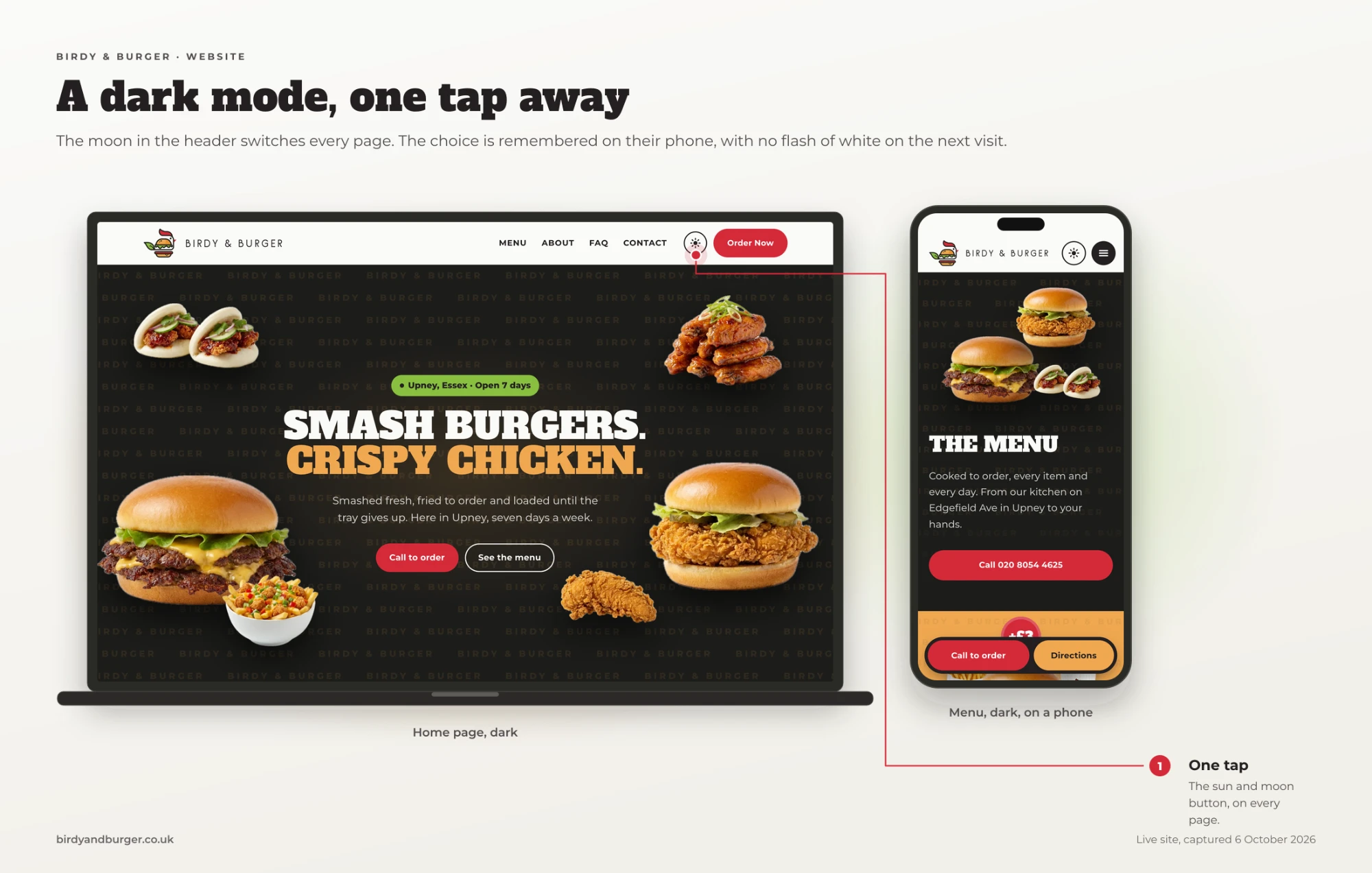 A one-tap dark mode on every page, remembered on the next visit with no flash of white