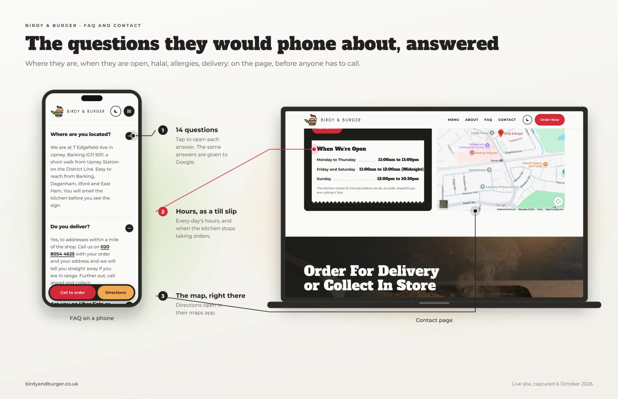 FAQ and contact: location, hours, halal and delivery answered on the page, with the map and directions