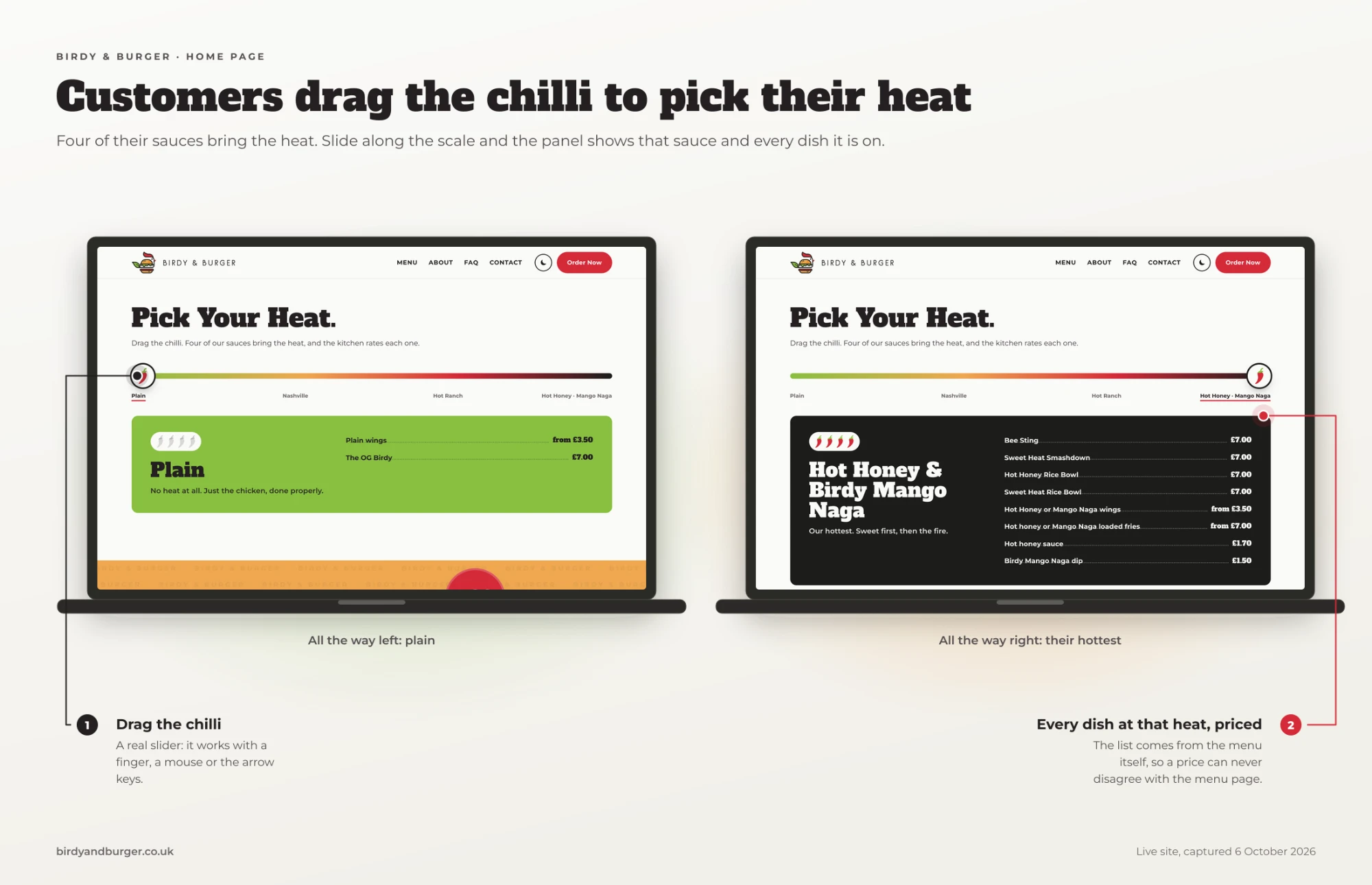 A drag-the-chilli heat picker that shows every dish at the chosen spice level, priced from the menu