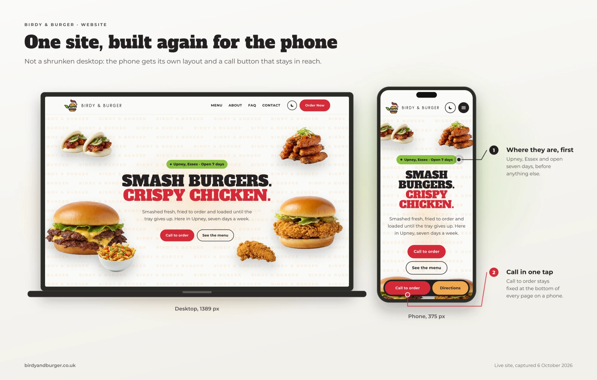 Birdy & Burger website on desktop and phone, with a call button fixed in reach on mobile