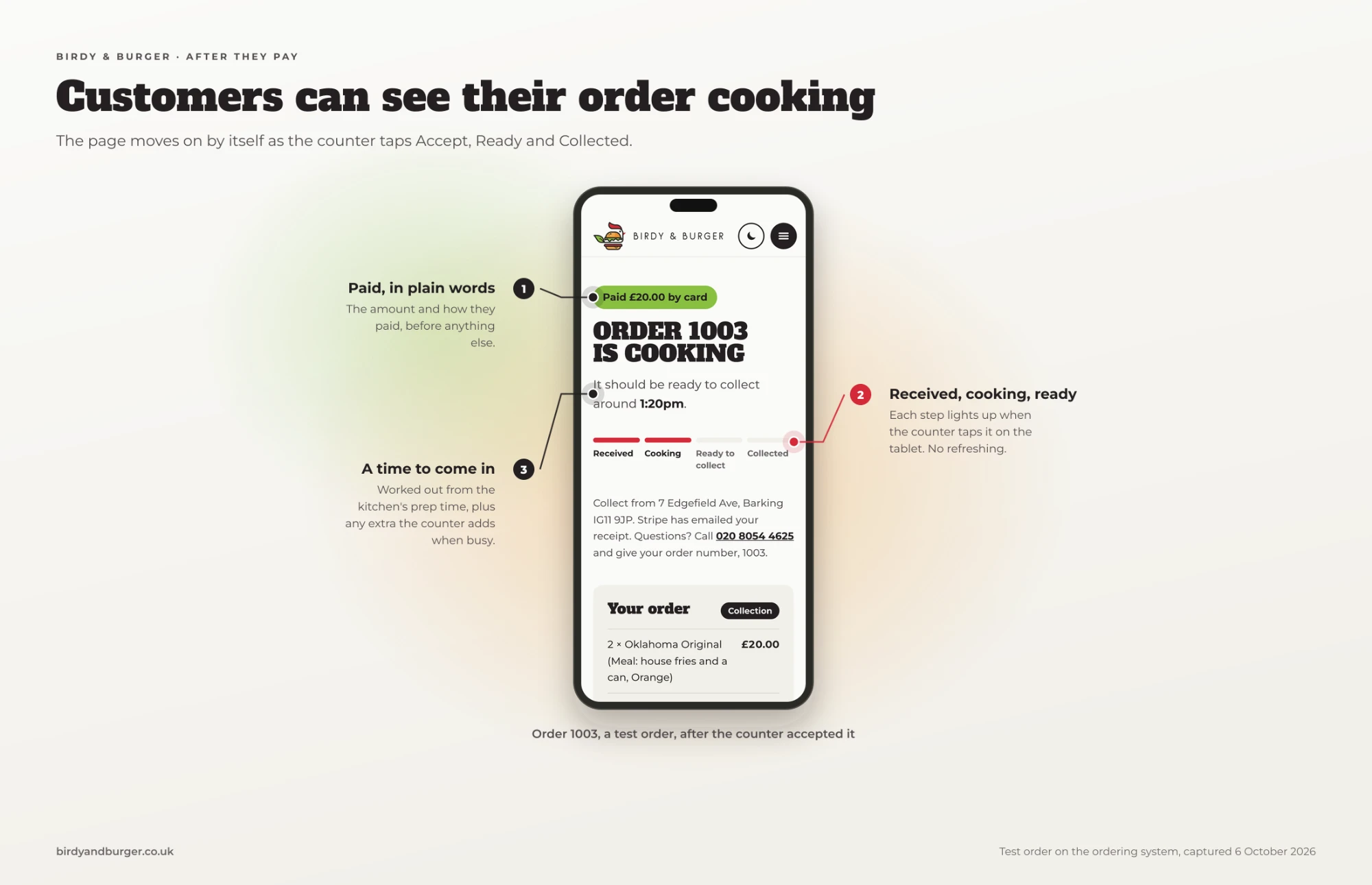 A live order-status page that moves from received to cooking to ready as the counter updates it