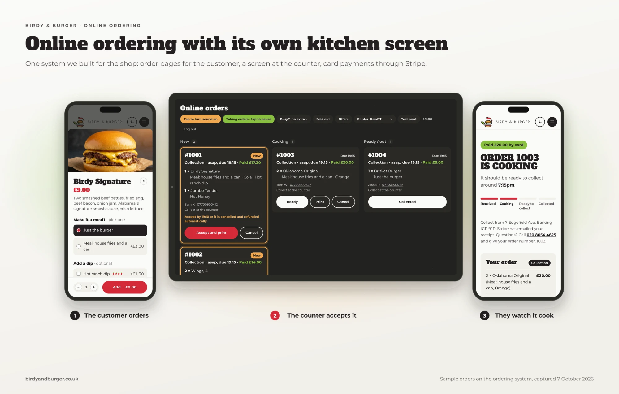 The whole ordering system: the customer's phone, the counter tablet and the live order-status page