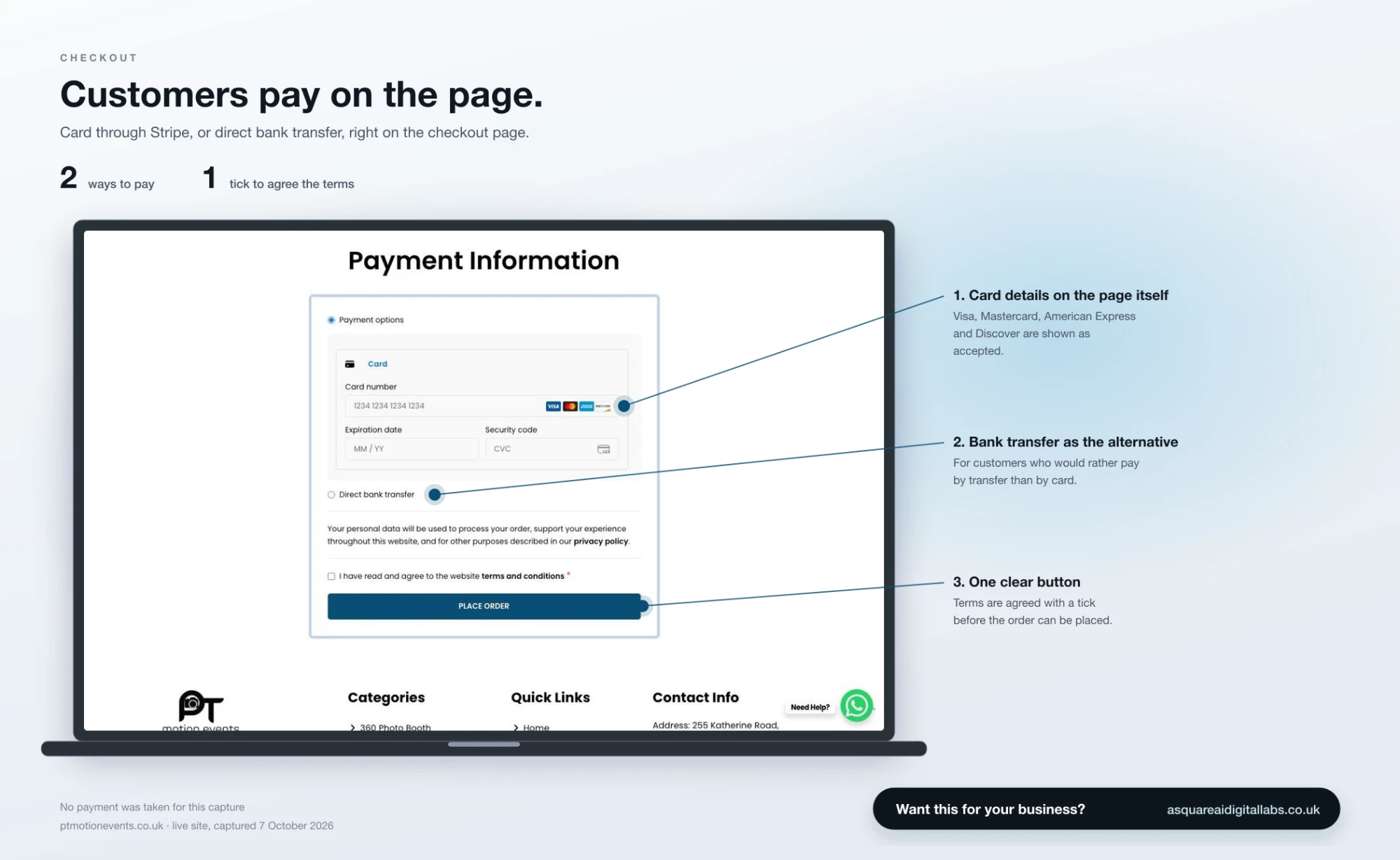 On-page checkout: pay by card through Stripe or by direct bank transfer, with the terms agreed before placing the order
