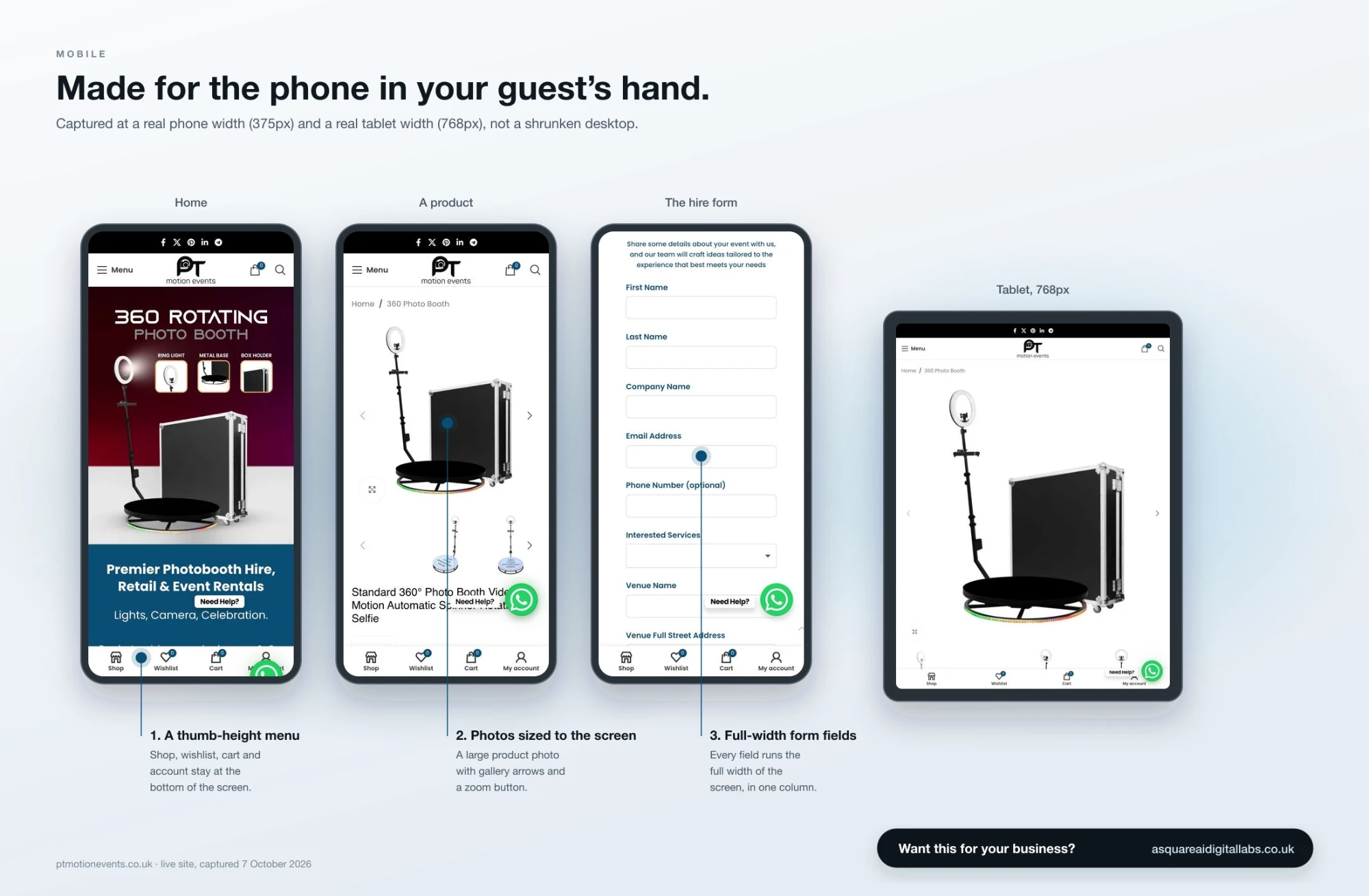 The site built for the phone: a thumb-height menu, product photos sized to the screen, full-width form fields