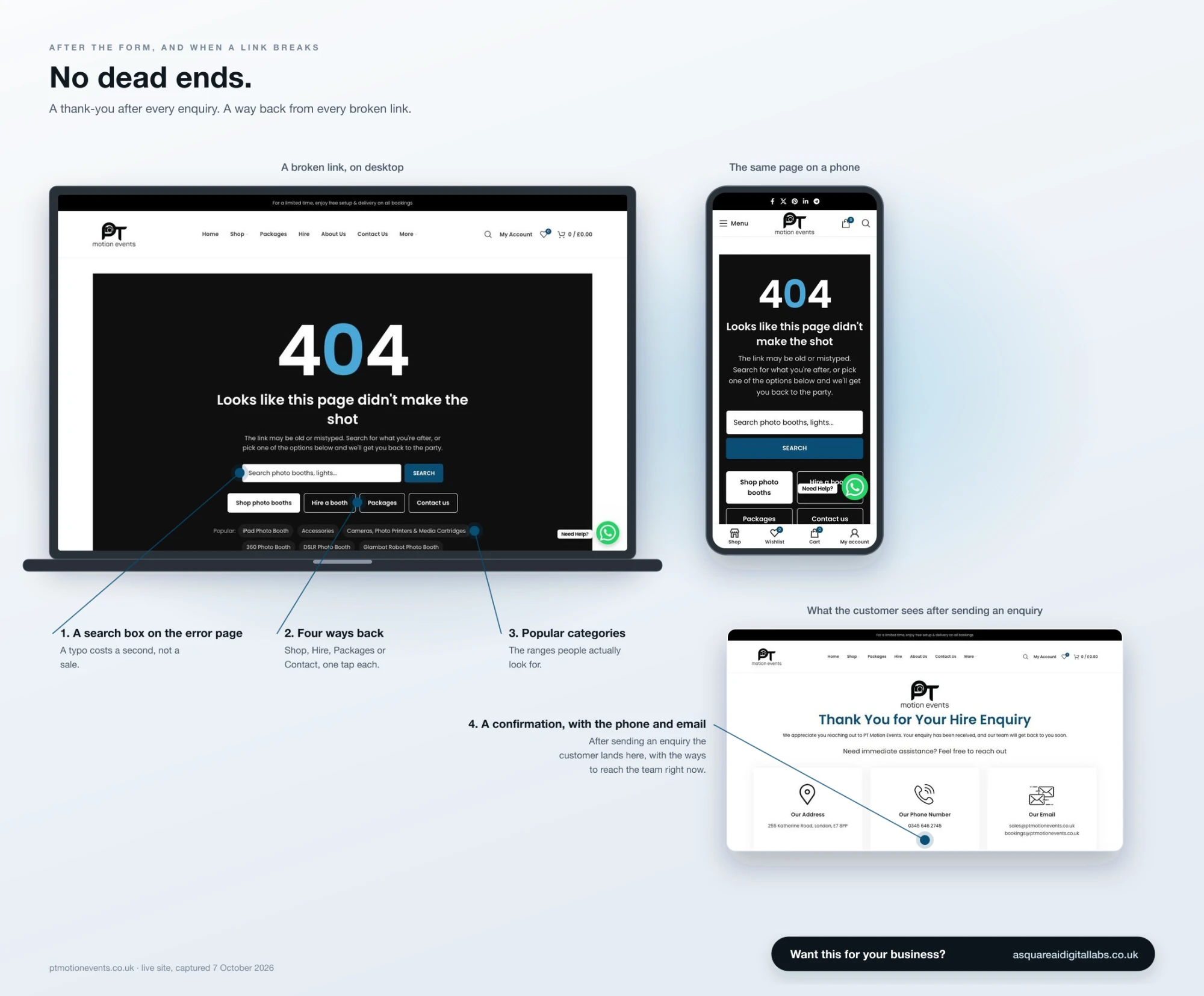No dead ends: a thank-you page after every enquiry and a 404 that gets people back to the range