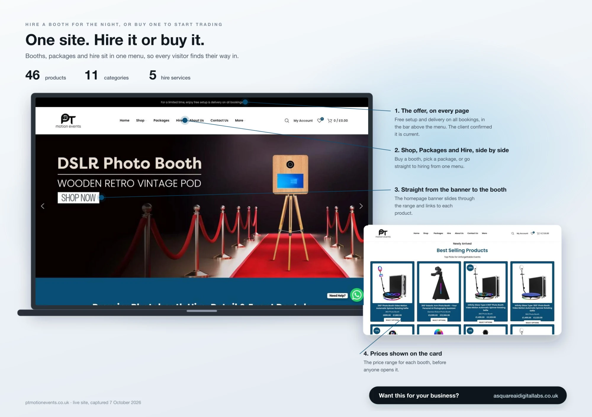 One PT Motion Events site to hire a photo booth for the night or buy one, with 46 products across 11 categories and 5 hire services in one menu