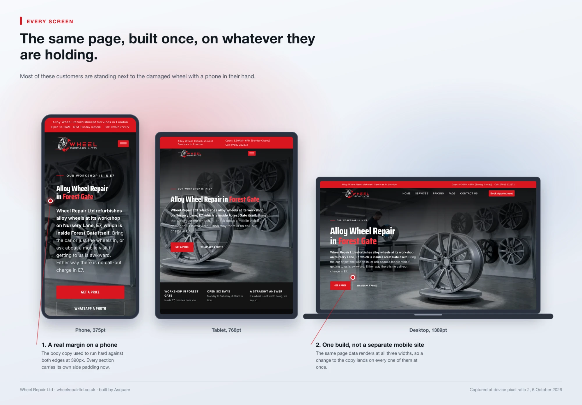 The Wheel Repair Ltd site on phone, tablet and desktop, one responsive build