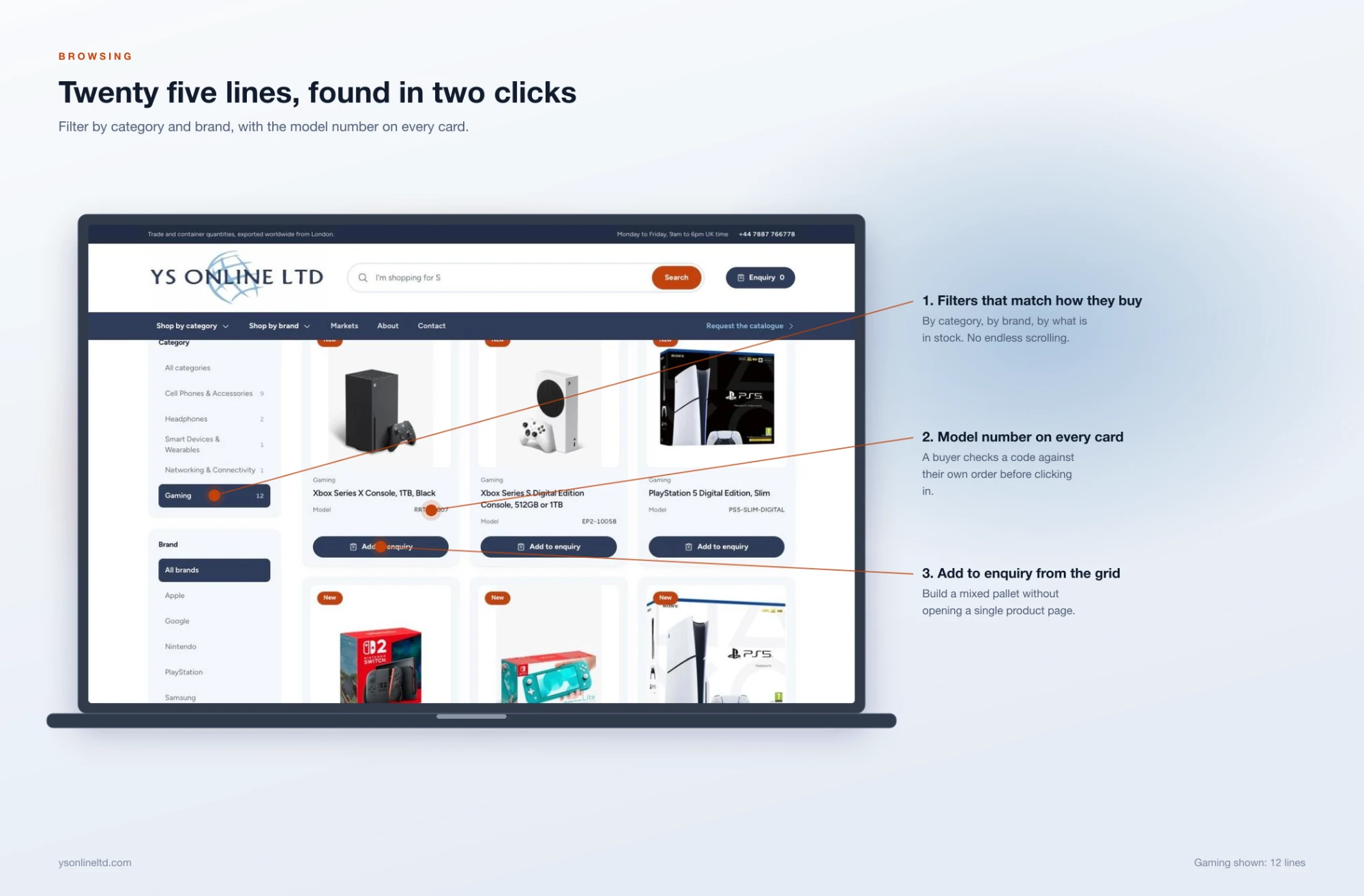 Browsing the range: filter by category and brand, model number on every card, add to enquiry from the grid