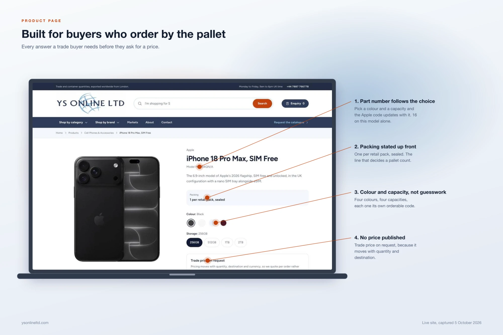 A product page built for buyers ordering by the pallet: part number, packing, colour and capacity, price on request